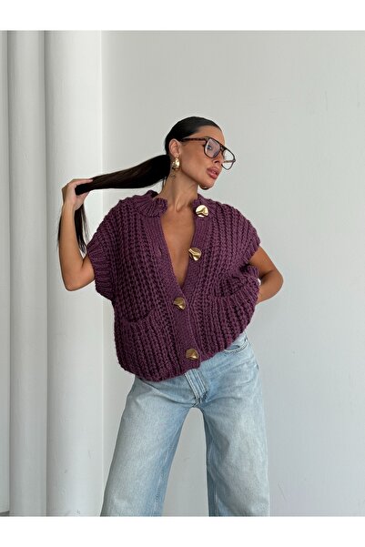 kenza'a Örgülü Önü Düğmeli Oversize Kolsuz Triko Yelek