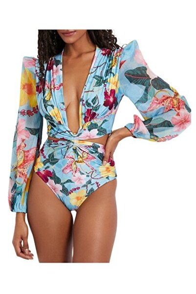 Mixbo One-Piece Swimsuit, Long Airy Sleeves, Floral Print, Size L