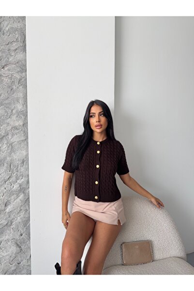 Lovely butik TRICOTAGE CU MÂNĂ SCURTĂ CU BUTONI DE AUR PENTRU FEMEI