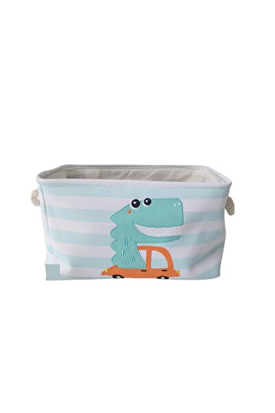 Mixbo Toy Storage Basket with Handle, Dinosaur with Car, Textile, 40 x 28 x 24 cm, White/Blue