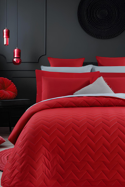 İQON Double-Sided Quilted Double Bedspread Set Red