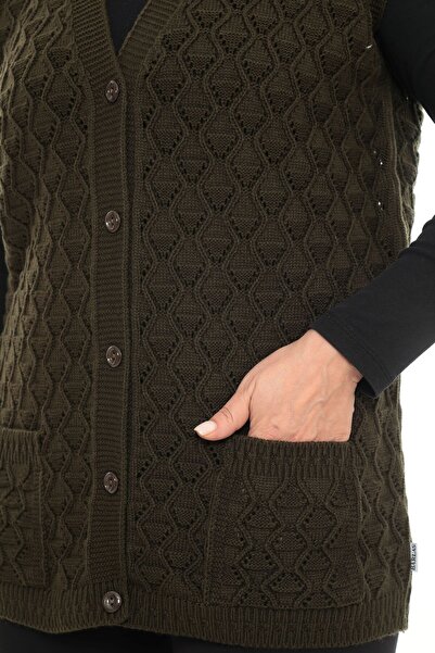 İKSUN Дамски пуловер с V-образно деколте, дебела вълна, баклава мотив, плетен, с копчета и джобове, зимен, за майки