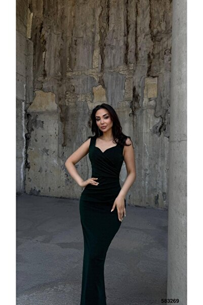 Modafeminen Flowers Esnek Kumaş Omuz Geniş Askılı Pile Detaylı Abiye Elbise 583269 ZÜMRÜT