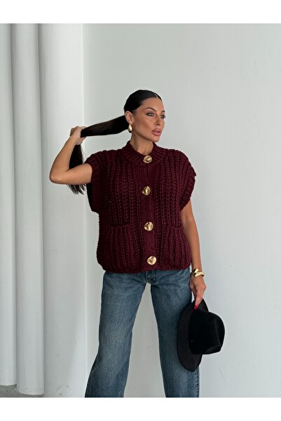 kenza'a Örgülü Önü Düğmeli Oversize Kolsuz Triko Yelek