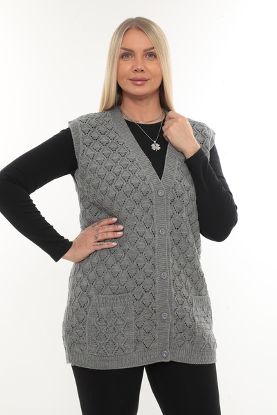İKSUN Women's V-Neck Thick Wool Baklava Model Knitwear Buttoned Pocketed Winter Mother's Vest
