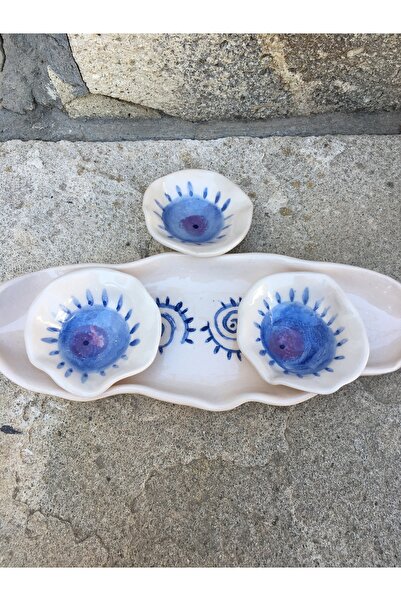 seramikanaz mavi renk 3 lü tabaklı el yapımı seramik sos kasesi