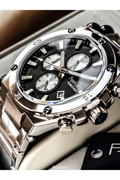 Ferrucci Functional Men's Wristwatch, Certified, Guaranteed, Black Silver Steel Band, Double Bracelet Gift