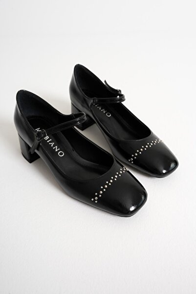 Mubiano Pantofi cu toc din piele lăcuită pentru femei Estelle Black Blunt Toe...