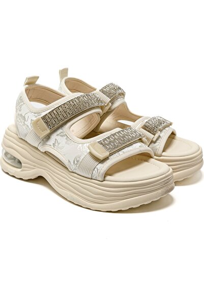 Guja 25Y417 Beige Women's Stone Velcro Sequined Orthopedic Thick Orthopedic Sole Summer Sports Sandals Shoes