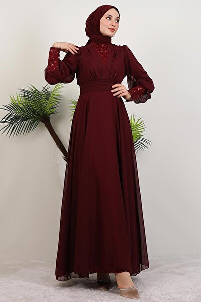 giz astore Roza Detay Şifon Elbise Bordo