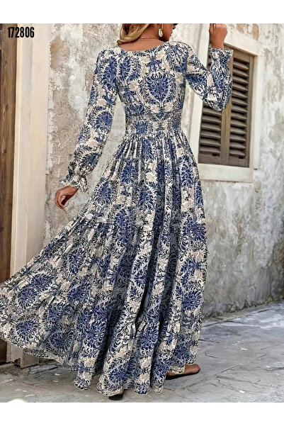 Modayakamoz Kadın V Yaka Uzun Kollu Beli Lastikli Desenli Süprem Elbise