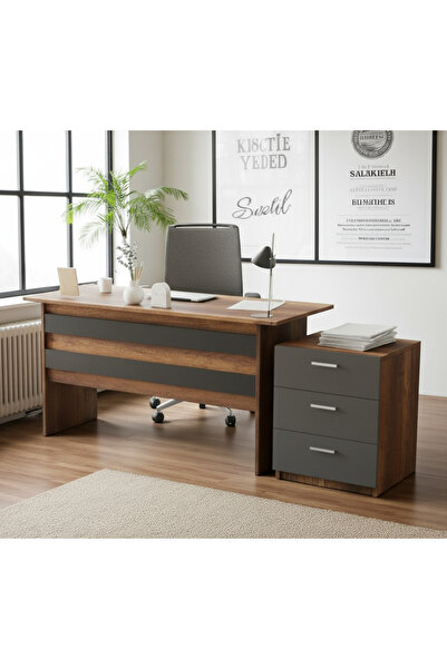 Robin Home Verona Ofis Çalışma Masası ve 3 çekmeceli Keson Takım Meşe-Siyah