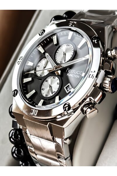 Ferrucci Functional Men's Wristwatch, Certified, Guaranteed, Black Silver Steel Band, Double Bracelet Gift