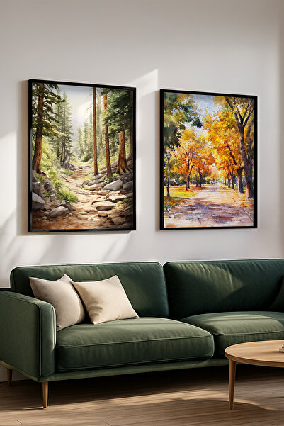 STARYUNA Black Wooden Framed Forest Autumn Watercolor Effect Double Painting Set Yuna418