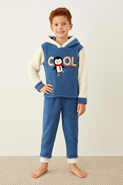 RAPAPA Boy's Fleece Penguin Embroidered Hooded Winter Pajama Set - Blue 43316