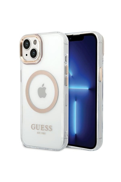 Guess Husa iPhone 15 Plus originala Metal Outline MagSafe, auriu, GUHMP15MHTRMD