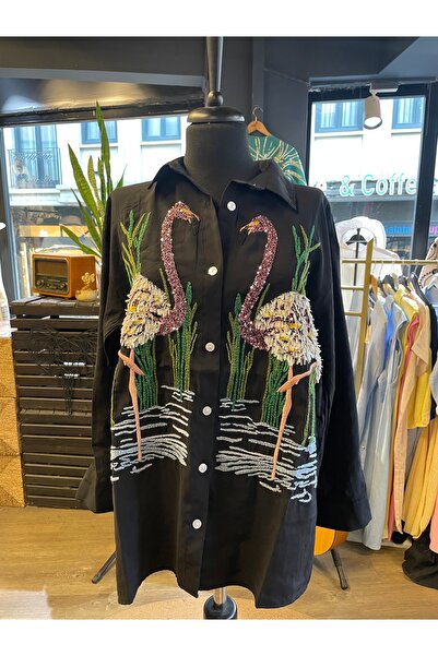 Forever Women's Stone Embroidered Patterned Long Sleeve Cotton Shirt