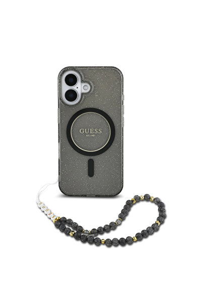 Guess Husa iPhone 16 originala IML Glitter with Pearl Strap MagSafe, negru, G...