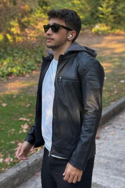Orions Collection Ανδρικό μαύρο δερμάτινο μπουφάν με κουκούλα New Season
