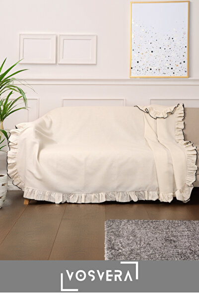 vosvera Fırfırlı Keten Pamuklu Koltuk Örtüsü Tek Biyeli Sedir 180 x 220 cm