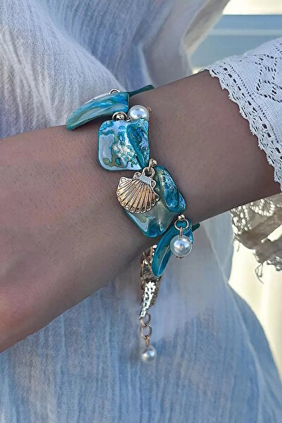 CAŞ DEKORASYON Gold Color Blue Stone Steel Bracelet