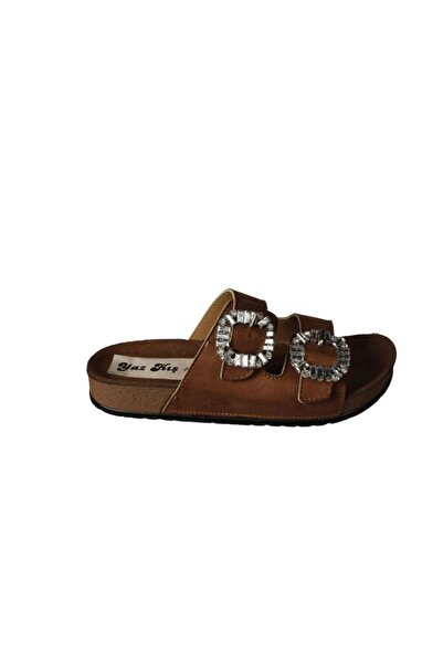 Yaz Kış Ayakkabı Yazkiş Women's Black Cream Double Buckle Buckle Shiny Stone Cork Sole Slippers