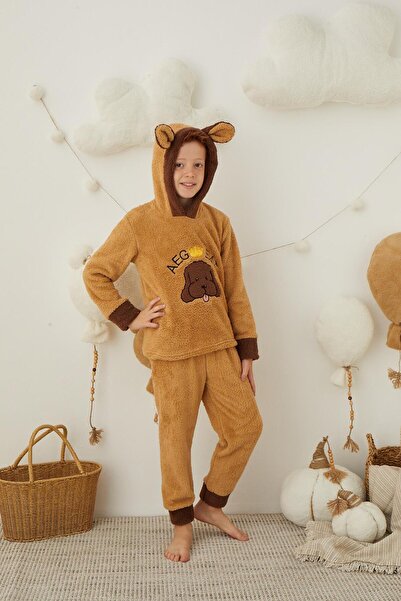 RAPAPA Boy's Brown Plush Fleece Pajama Set - Hooded 43307