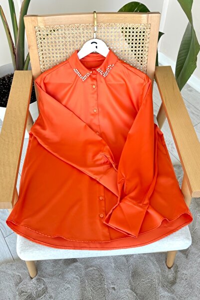 Kombinazon Arima Collar Stoned Orange Satin Tunic
