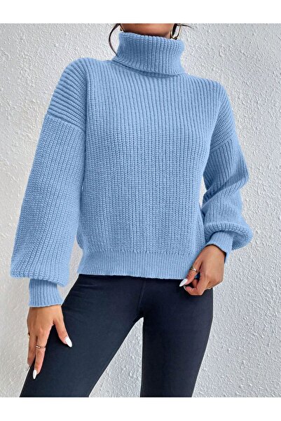 pepule Pulover pentru femei, cu mâneci balon, cu model de lanț, albastru bebeluș, gros, premium, din material subțire