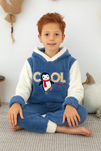 RAPAPA Boy's Fleece Penguin Embroidered Hooded Winter Pajama Set - Blue 43316