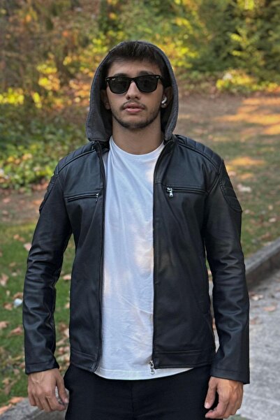 Orions Collection Ανδρικό μαύρο δερμάτινο μπουφάν με κουκούλα New Season