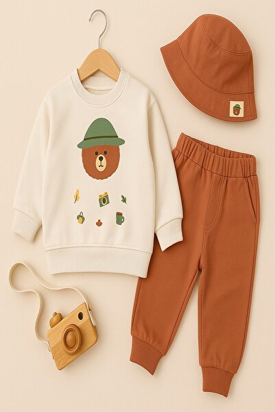 dinamik çocuk Camper Teddy Bear Printed Safari Hat 3-Piece Baby Boy Set 6-9-12-18-24Months