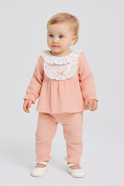 dinamik çocuk Baby Girl 2-Piece Top and Bottom Set Lace Collar Detailed Long Sleeve Seasonal 3-6-9-12-18-24 Months