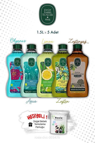 Eyüp Sabri Tuncer Set of 5 Natural Olive Oil Liquid Soaps 1.5L and Rosie
