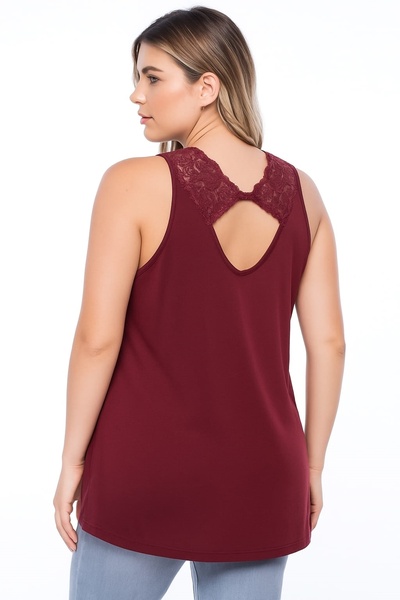 Şans Women's Plus Size Burgundy, Front Back Lace Detail Sleeveless Viscose Blouse 65N39138