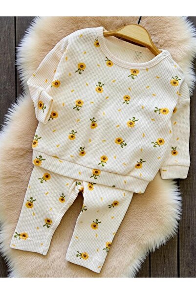 ALTINTAŞ BABY Daisy Patterned Waffle Fabric Oversize 2-Piece Baby Girl Set