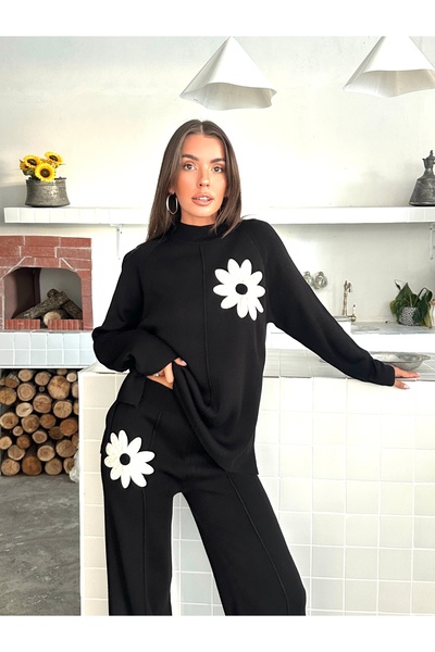 Lusin Women's Stylish Floral Embroidered Black Half Turtleneck Sweater Pants Bottom Top Knitwear Set