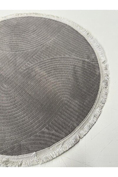 Merinos Rölyef Klasik Saçaklı Yuvarlak Gri Kaymaz Taban Halı Kilim Yolluk