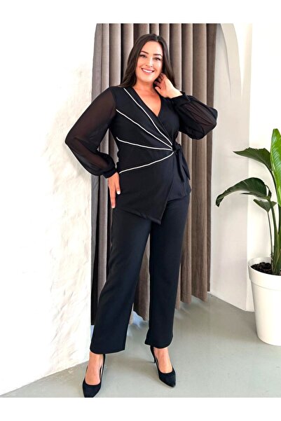 Şirin Butik Women's Black Plus Size Double Breasted Collar Stone Stripe Detailed Evening Dress Two Piece Set