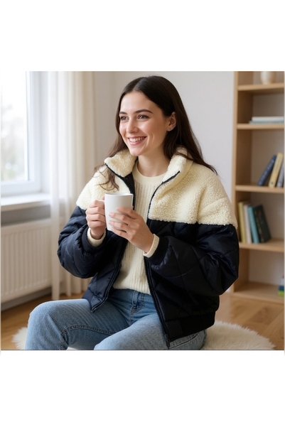 ArdaEge Quilted Plush Inflatable Coat - Ecru