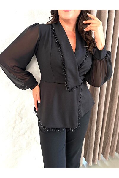 Şirin Butik Γυναικείο μαύρο μεγάλου μεγέθους μπουφάν με πέτο με λεπτομέρεια από πέτρα με μακρυμάνικο βραδινό φόρεμα δύο τεμαχίων