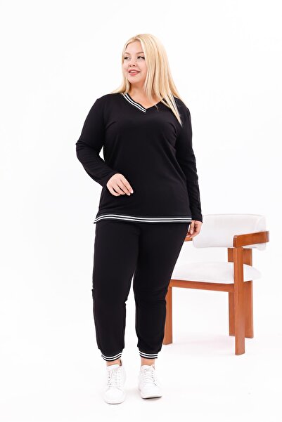 Siyezen Plus Size V-Neck Stripe Detailed Suit