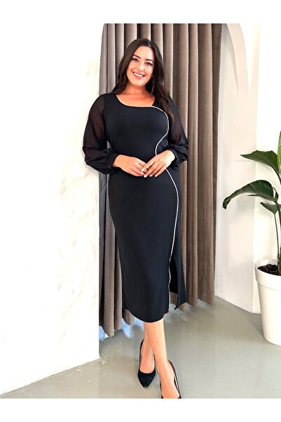 Şirin Butik Γυναικείο Μαύρο Βραδινό Φόρεμα Μεγάλο Μέγεθος ριγέ