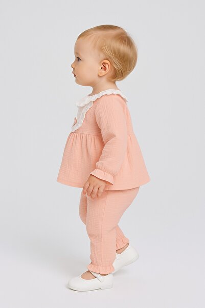 dinamik çocuk Baby Girl 2-Piece Top and Bottom Set Lace Collar Detailed Long Sleeve Seasonal 3-6-9-12-18-24 Months