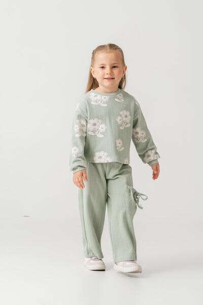 Magu Dívčí bavlněný oblek se zeleným květinovým vzorem – kalhoty se zavazováním
