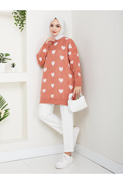 FERHEL Yumoş Ip Heart Pattern Knitwear Tunic Sweater