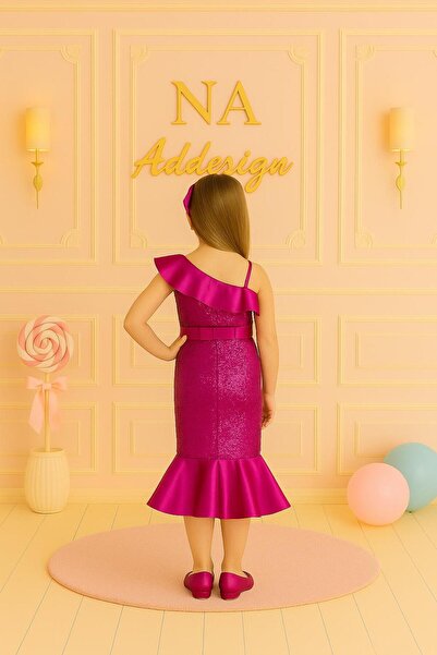 NA ADDESIGN Children's Sequined One-Shoulder Flared Evening Dress – Fuchsia & Lilac, Mermaid Dress