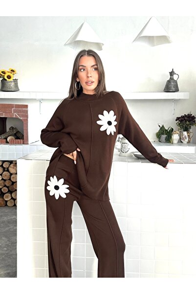 URİS طقم نسائي من سترة نصف ياقة السمكة البنية وبنطلون وقطعة علوية وسفلية من ا...