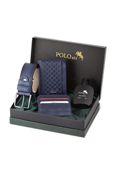 Polo Air Dama Desenli Kutulu Erkek Cüzdan Kemer Kartlık Parfüm Seti Lacivert ...