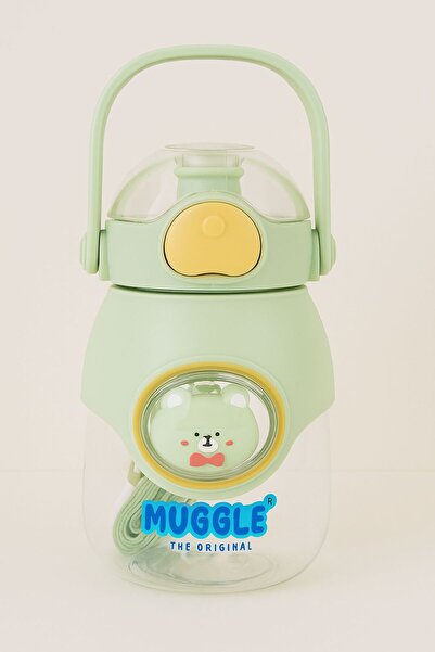 MUGGLE 820 ml Green Eared Children's Water Bottle – with Leak-Proof Lid and Carrying Strap